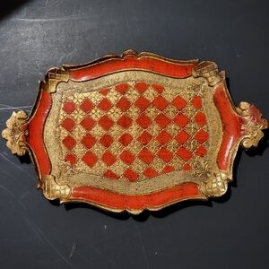Vintage Italian Red & Gold Gilt Painted Florentine Wood Tray